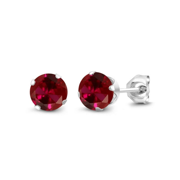 Round Synthetic Ruby Cubic Zirconia Five Stone Hoop Earrings Sterling Silver 